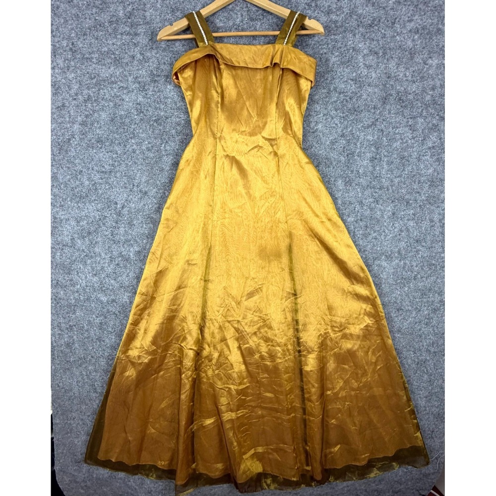 Vintage Kiki Prom Dress Womens Small Gold Acetate Formal Metallic Princess 90s - Picture 1 of 7